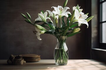 Illustration of a vase of white white oriental lilies placed on a wooden table near a window, with sunlight streaming in created with Generative AI technology