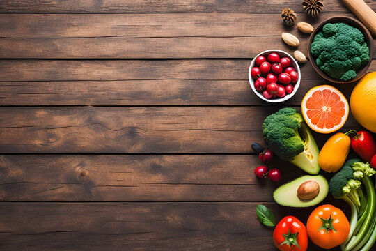 Assortment of fresh vegetables and fruits on wooden table in frame. Generative AI