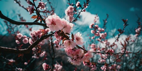 A sakura branch against the sky, Spring banner, branches of blossoming cherry against background of blue sky by ai generative