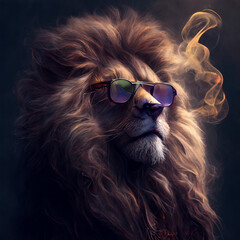 Head and shoulder portrait of fashionable lion with sunglasses