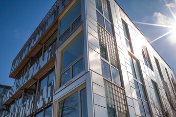 Fototapeta premium Using solar panels to reduce a buildings carbon footprint and benefits of using solar panels in multifamily reside, generative artificial intelligence