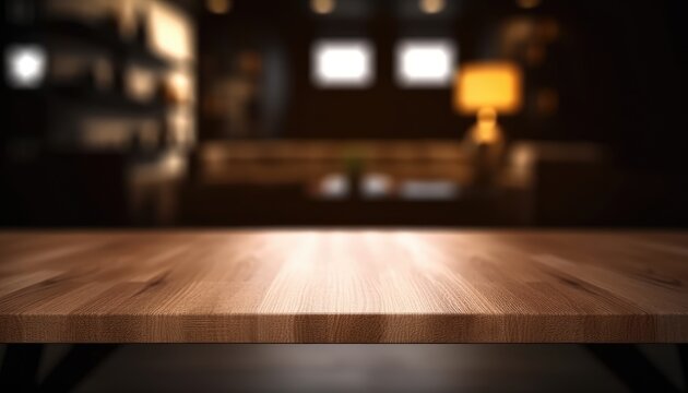 Empty wooden table in dark stylish living room with blurred background. Generative AI