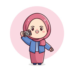 Cute hijab girl holding camera female photographer flat illustration character