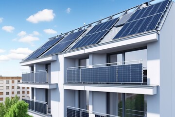 Fototapeta premium Using solar panels to reduce a buildings carbon footprint and benefits of using solar panels in multifamily reside, generative artificial intelligence
