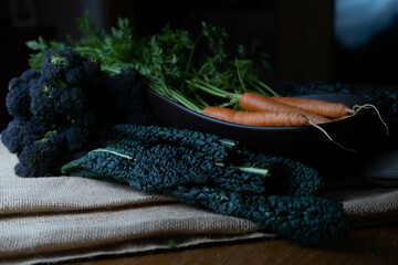 Seasonal quality organic vegetables ready to prepare for cooking. Chefs table.