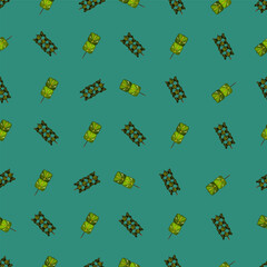 Chinese food seamless pattern. Hand drawn different types of asian food in wooden steamers repeating background. Tasty chinese food, delicious har gao, sticky rice, rolls.