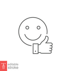Smile face and hand thumb up line icon. Like, happy, favourite, love, and testimonials concept. Simple outline style. Vector illustration isolated on white background. Editable stroke EPS 10.