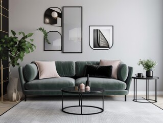 Beautiful Contemporary living room with mock up frame on the wall. Generative AI