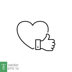 Heart and hand thumb up line icon. Like, favourite, love, and testimonials concept. Simple outline style. Vector illustration isolated on white background. EPS 10.