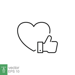 Heart and hand thumb up line icon. Like, favourite, love, and testimonials concept. Simple outline style. Vector illustration isolated on white background. EPS 10.