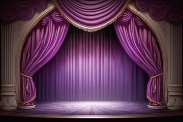 empty musical theater stage with purple curtains Show Spotlight on stage, Theatre interior empty wooden scene, luxury velvet drapes by ai generative