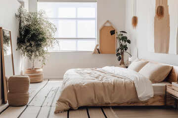 Small cozy bedroom with dry plants and warm beige and off white textile shades, muji style, AI generative