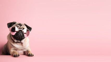 Cute puppy pug in trendy pink sunglasses, isolated on light pink background with copyspace. Generative AI - obrazy, fototapety, plakaty