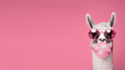Naklejka premium Cute lama alpaca with bubblegum in trendy pink sunglasses, isolated on pink background with copyspace. Generative AI