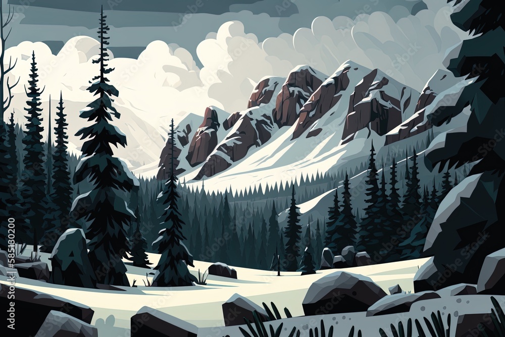 Poster scenery consisting of snow-capped peaks and wooded valleys set against a backdrop of overcast skies 