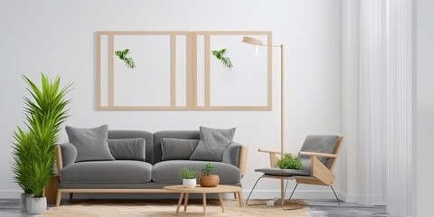 living room with brown poster frame. Illustration, square wooden frame mockup with sofa and green plants on white wall in living room by  ai generative