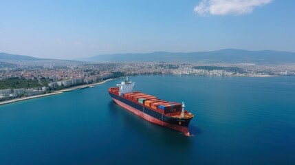 Obraz premium View of a cargo ship carrying a container for importing export goods to a client, conceptual logistics and supply chain. generative AI