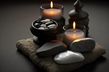 Fototapeta na wymiar Candles and SPA stones on dark background. Spa and wellness setting with candles. Aromatherapy. Generative AI
