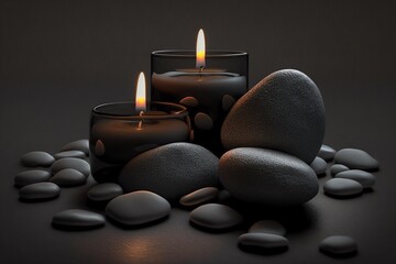 Obraz na płótnie Canvas Candles and SPA stones on dark background. Spa and wellness setting with candles. Aromatherapy. Generative AI