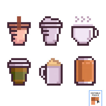 Mug of tea whith teapot and paper cup for coffee and a glass for juice or alcoholic beverages pixel art icons set isolated vector illustration. Element design stickers, logo, mobile app, menu. 8-bit.
