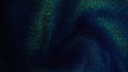 Golden Overflows. Slow Motion Particles in Blue Liquid. Spectacle of gold particles cascading and overflowing in slow motion in a blue fluid and create shimmering and swirling beauty. - Powered by Adobe