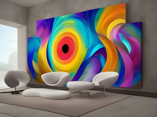 Beautiful colorful abstract art painting and artwork on a wall of a room, in various colors, made with tempera or acrylic colors, oil paintings, watercolors on canvas - AI generated, generative AI
