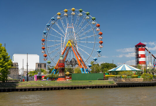 Tigre, Argentina - 7 February 2023: Ferris wheel in the Parque de la Costa funfair and theme park