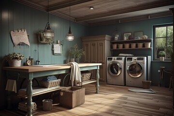 Laundry Room: Capture a set of images that showcase a functional, organized laundry room. Generative AI