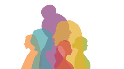 Silhouette group of women. Communication and friendship between women or girls of diverse cultures, vector