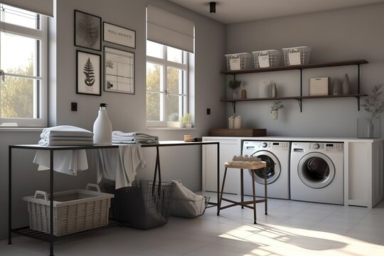 Laundry Room: Capture a set of images that showcase a functional, organized laundry room. Generative AI