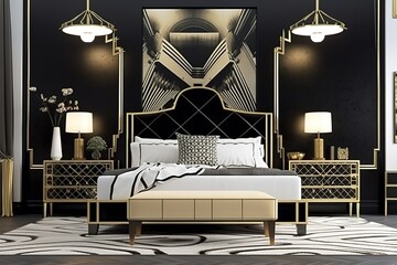 Art Deco Bedroom: Create a glamorous bedroom with an Art Deco - inspired design. Choose a color palette of gold, black, and white, and incorporate geometric patterns and bold graphics Generative AI