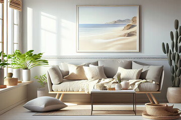 Mockup frame in warm interior of home, living room in coastal style, big blank space. Generative Ai
