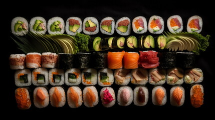 Sushi rolls with tiger shrimp, salmon and avocado, cucumbers, tobiko