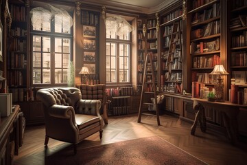 Library/ Reading Room: Capture a set of images that showcase a cozy, book - filled library/ reading room. Generative AI