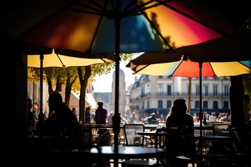 Obraz na płótnie Canvas Restaurant table outdoors by European touristic city street. Generative AI