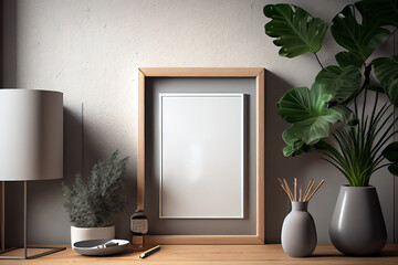 Poster mockup with wooden frame in home interior background.3d rendering. Generative Ai