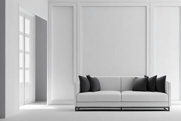 The interior has a White sofa on empty white wall background. Generative Ai
