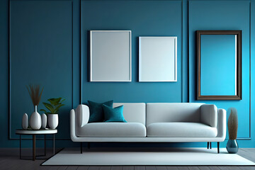 The mock up frame canvas and furniture design are set against a blue wall in a modern environment. Generative Ai