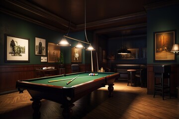 Billiards Room: Capture a set of images that showcase a sophisticated, upscale billiards room. Generative AI