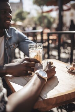 Mal friends enjoying relaxing time at outdoors bar having drinks. Generative AI vertical shot