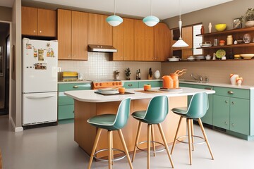 Mid - Century Modern Kitchen: Design a kitchen with a Mid - Century Modern - inspired design, using clean lines, natural materials, and bold pops of color. Generative AI