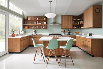 Fototapeta premium Mid - Century Modern Kitchen: Design a kitchen with a Mid - Century Modern - inspired design, using clean lines, natural materials, and bold pops of color. Generative AI