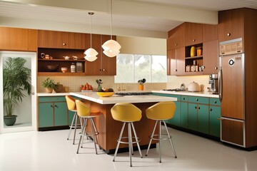 Mid - Century Modern Kitchen: Design a kitchen with a Mid - Century Modern - inspired design, using clean lines, natural materials, and bold pops of color.Generative AI