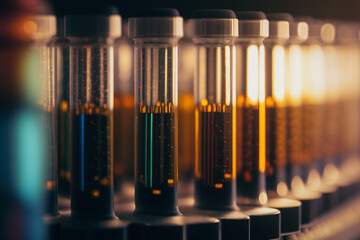 Closeup of colorful test tubes on blurred background. Concept of science, technology, research. Generative AI.