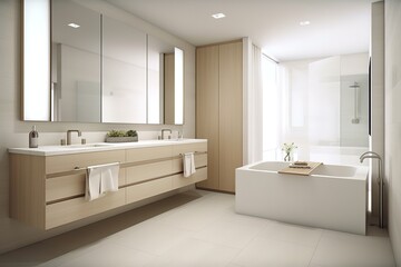 Fototapeta na wymiar Minimalist Bathroom: Create a bathroom with a minimalist - inspired design, using simple materials, clean lines, and neutral colors. Generative AI