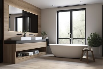 Minimalist Bathroom: Create a bathroom with a minimalist - inspired design, using simple materials, clean lines, and neutral colors. Generative AI