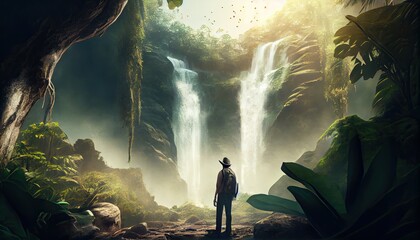 Man in front of a waterfall in a tropical forest adventure World Tourism Day 27th September