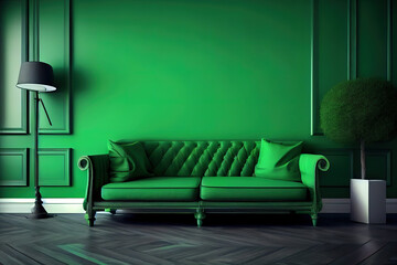 With a plush sofa and a green wall, the living room has a green decor, big blank space. Generative Ai