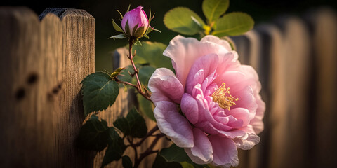 close up beautiful pink Chinese rose climb on wooden fence  - generative ai