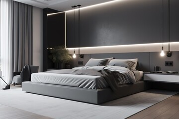 Modern Bedroom: Create a sleek and minimalist bedroom with a neutral color palette of white, gray, and black. Generative AI